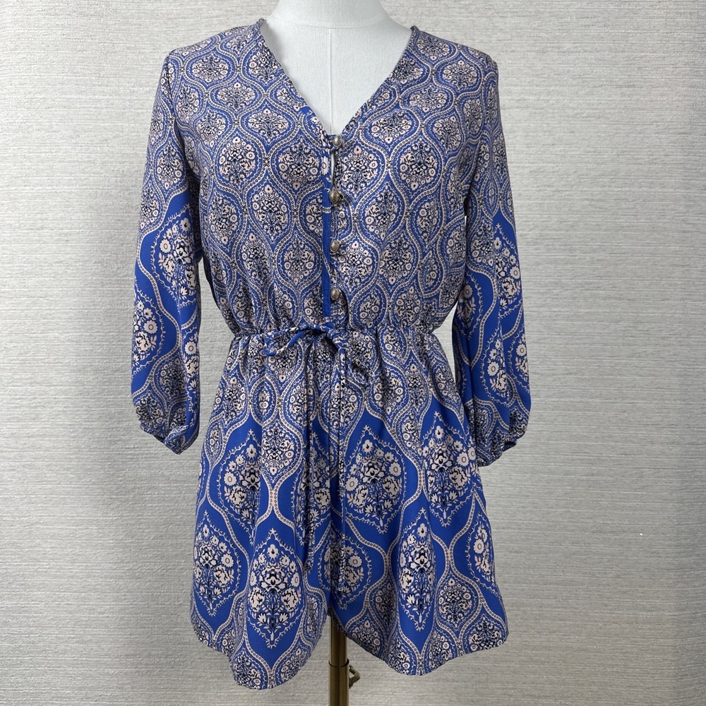 Trac USA Boho Romper Medium Blue Paisley Festival Tie Waist Playsuit Western